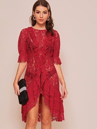 Sheer Lace Ruffle Trim Asymmetrical Hem Dress | SHEIN