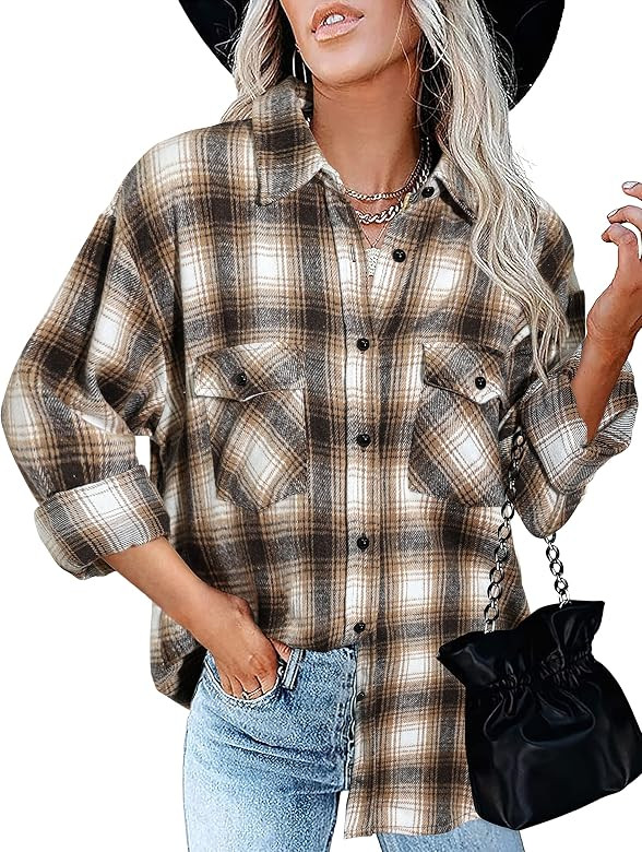 BTFBM Women Long Sleeve Shirts Button Down Plaid Casual Flannel Shirt Boyfriend Blouse Top Jacket Sh | Amazon (US)
