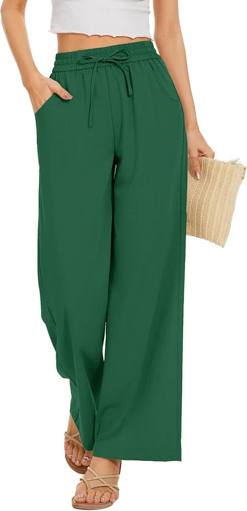 Women Pants Flowy Pants Drawstring Waist Wide Leg Palazzo Beach Pants Loose Fit with Pockets | Amazon (US)