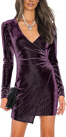 BerryGo Women's Velvet Sexy Sparkly Wrap Cocktail Dress Ruched Bodycon High Low V Neck Long Sleev... | Amazon (US)