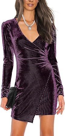 BerryGo Women's Velvet Sexy Sparkly Wrap Cocktail Dress Ruched Bodycon High Low V Neck Long Sleev... | Amazon (US)