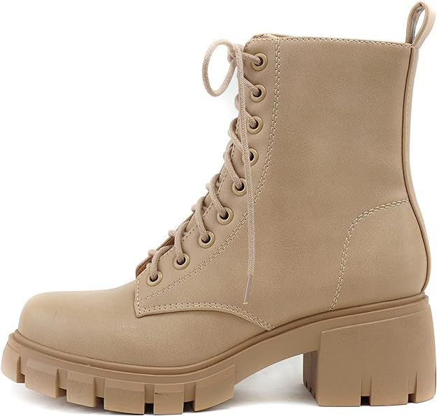 SODA TUNDRA ~ Women Lug Sole Lace up Fashion Combat Ankle Boot w/Side Zipper | Amazon (US)