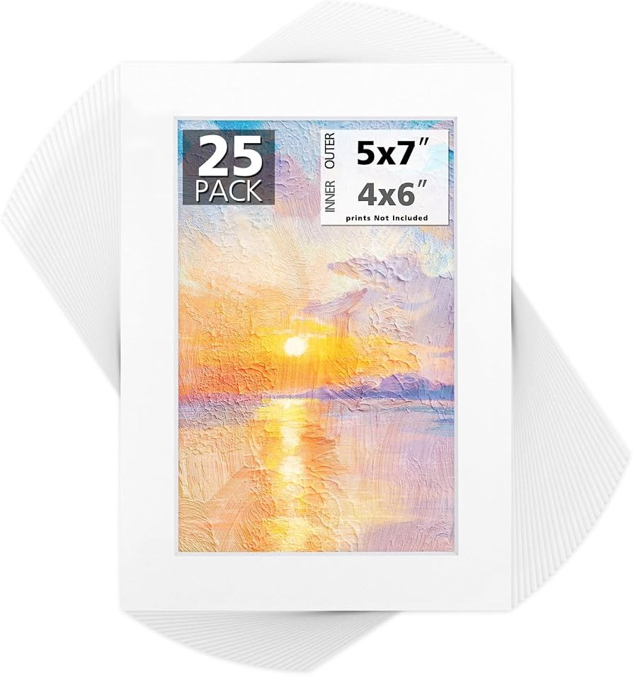 Mat Board Center, Pack of 25, 5x7 White Picture Mats with White Core for 4x6 Pictures | Amazon (US)