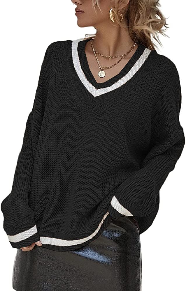 Womens V Neck Long Sleeve Pullover Sweater Loose Color Block Jumper Tops | Amazon (US)
