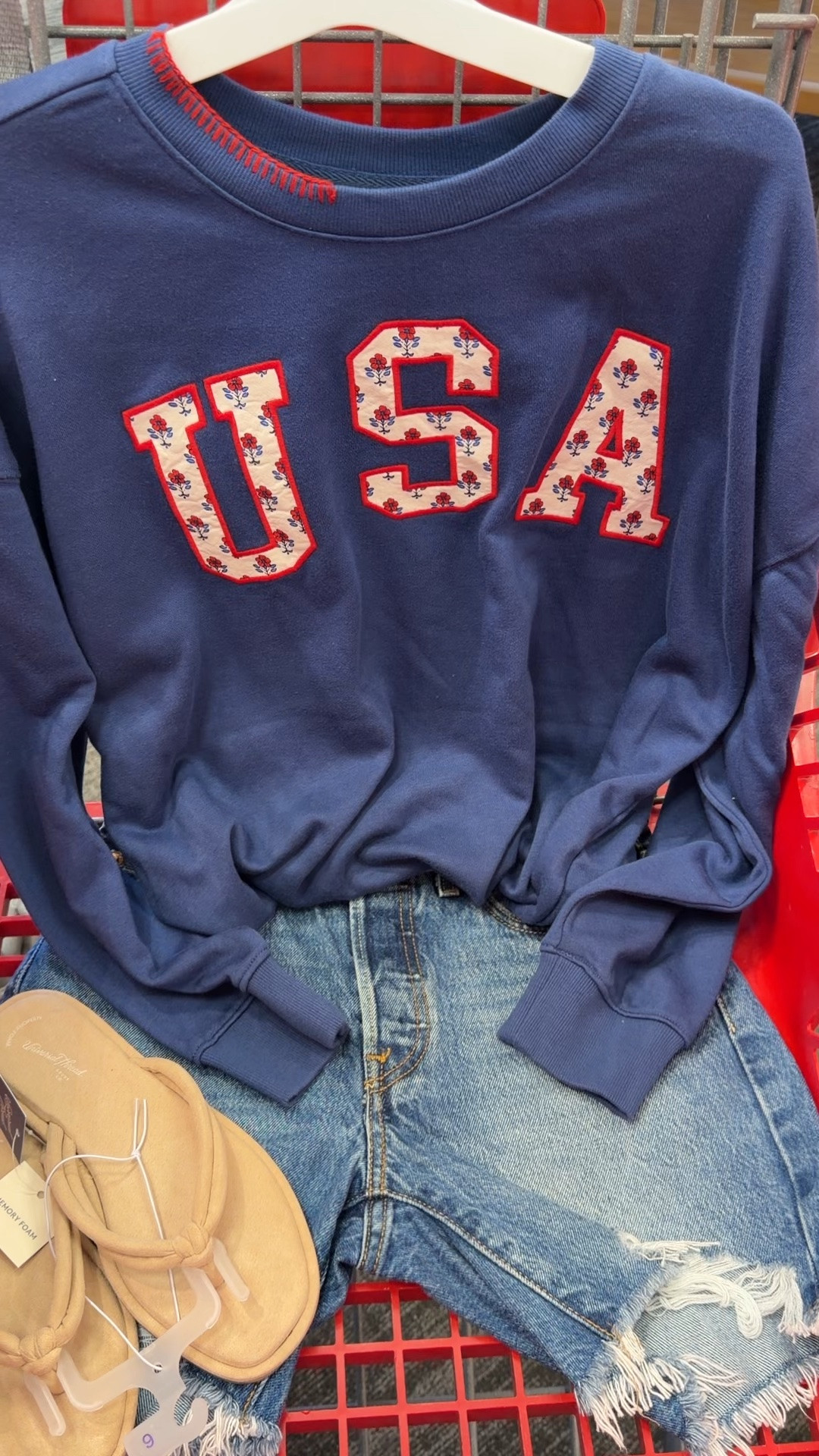 July 4 outfit idea with this USA floral patchwork sweatshirt and denim shorts at Target!