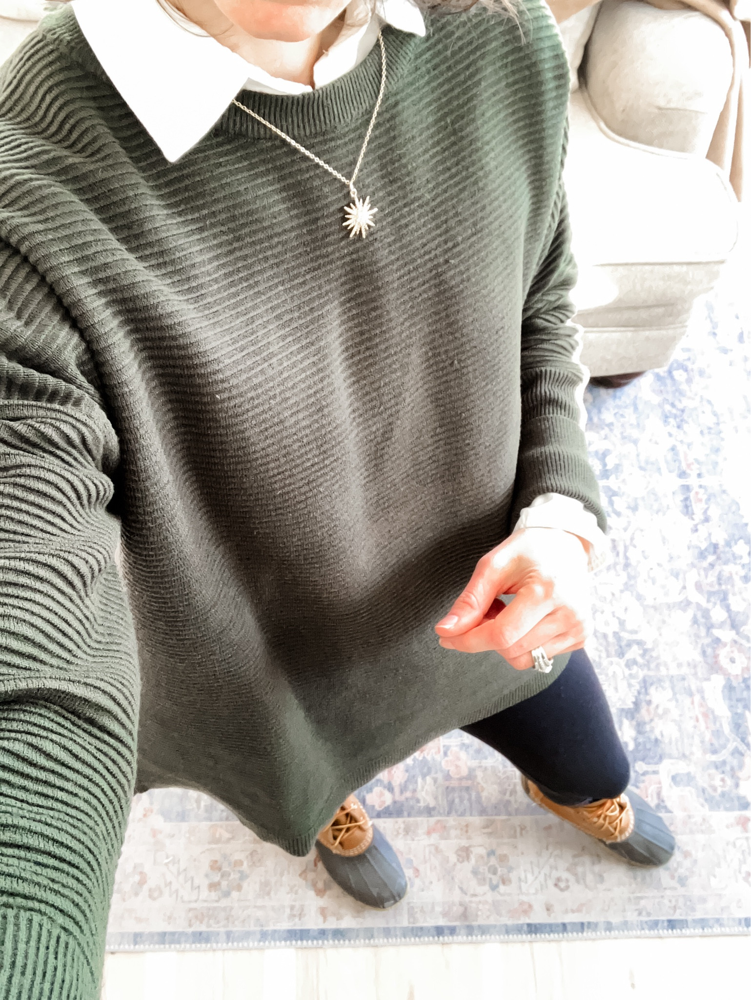 Simple winter outfit!
Wearing size XXS J.Crew Factory top. 
Size S Amazon sweater. 
Size XSP Loft leggings. 
Size 6 L.L.Bean boots, leather, made in Maine. 
Petite outfit. Winter outfit. English country outfit. Scottish outfit. Classic outfit. Preppy outfit  

#LTKStyleTip #LTKOver40 #LTKSeasonal