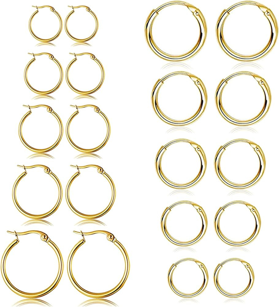 5-10 Pairs Silver Gold Hoop Earrings for Women, Small Stainless Steel Hypoallergenic Earrings Set... | Amazon (US)