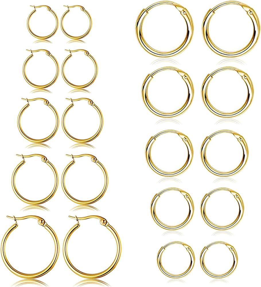 5-10 Pairs Silver Gold Hoop Earrings for Women, Small Stainless Steel Hypoallergenic Earrings Set... | Amazon (US)
