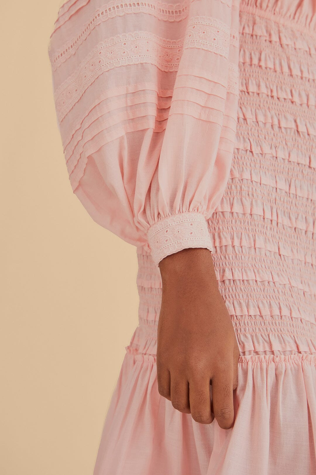 Light Pink Long Sleeve Smocked Midi Dress | FarmRio (US)