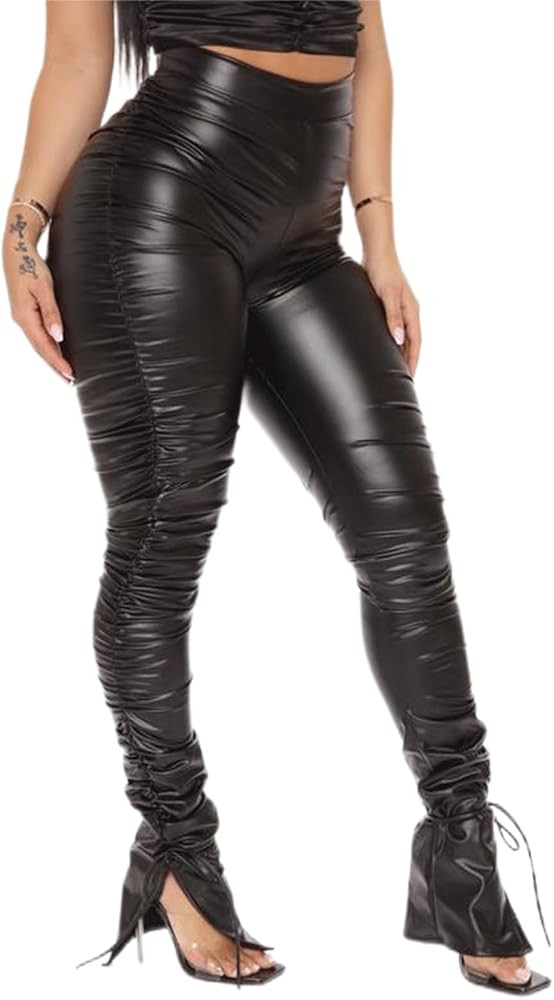 Sexy Women Faux Leather Leggings High Waisted Pleated Leather Tights Splits Hem Stacked Pants | Amazon (US)
