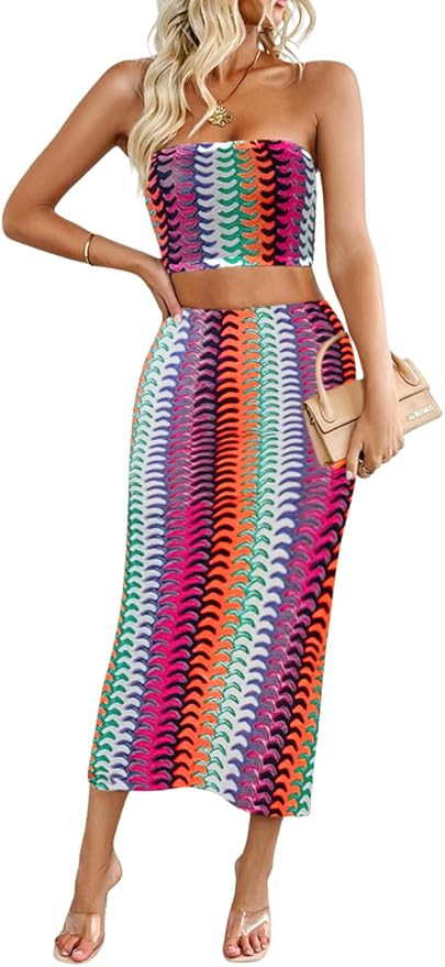 EHSUYAB Sexy 2 Piece Sets for Women Summer,Sheer Tube Crop Top & Bodycon Midi Skirts,Boho Crochet... | Amazon (US)