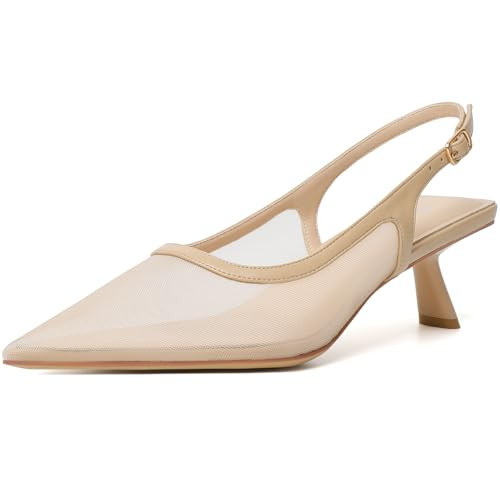 Mostrin Nude Mesh Kitten Heels for Women Sexy Pointed Toe Slingback Low Heels Dressy Pumps Shoes for Party Size 6 | Amazon (US)