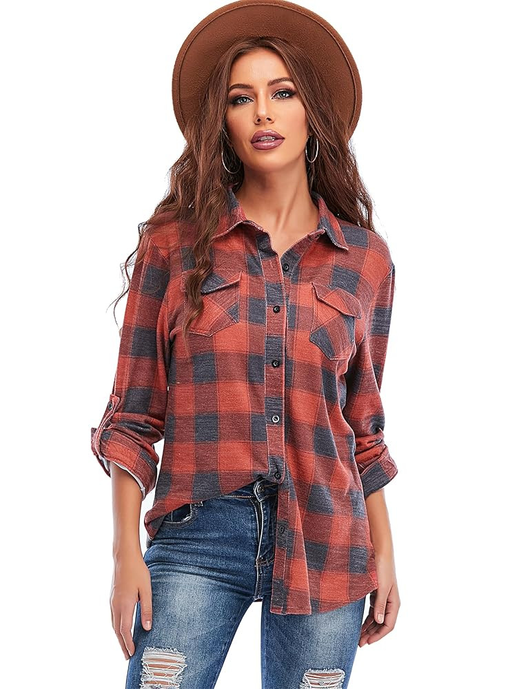 Oyamiki Womens Casual Cuffed Long Sleeve Boyfriend Button Down Plaid Flannel Shirt Tops | Amazon (US)