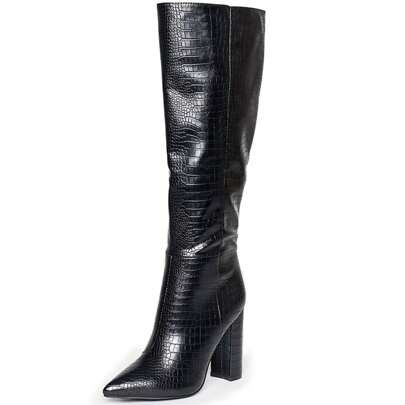 MUCCCUTE Knee High Boots Women Chunky Heel Pointed Toe Tall Boots Fashion Faux Crocodile GoGo Boots High Block Heels Side Zipper Pull-On | SHEIN
