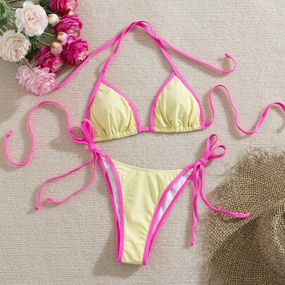 Women's Summer New Solid Color Contrast Bikini Set, Halter Tie Backless Swimwear, High Elastic Fabric, Party/Music Festival Swimwear, Beach Holiday Ou | SHEIN