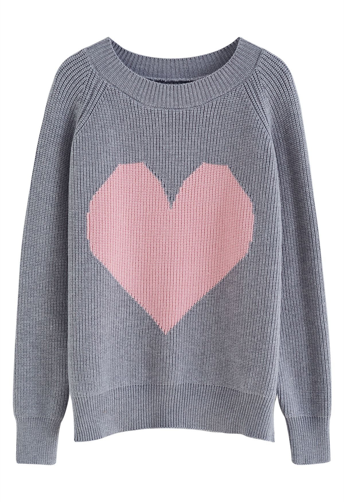 One Heart Rib Knit Oversized Sweater in Grey | Chicwish
