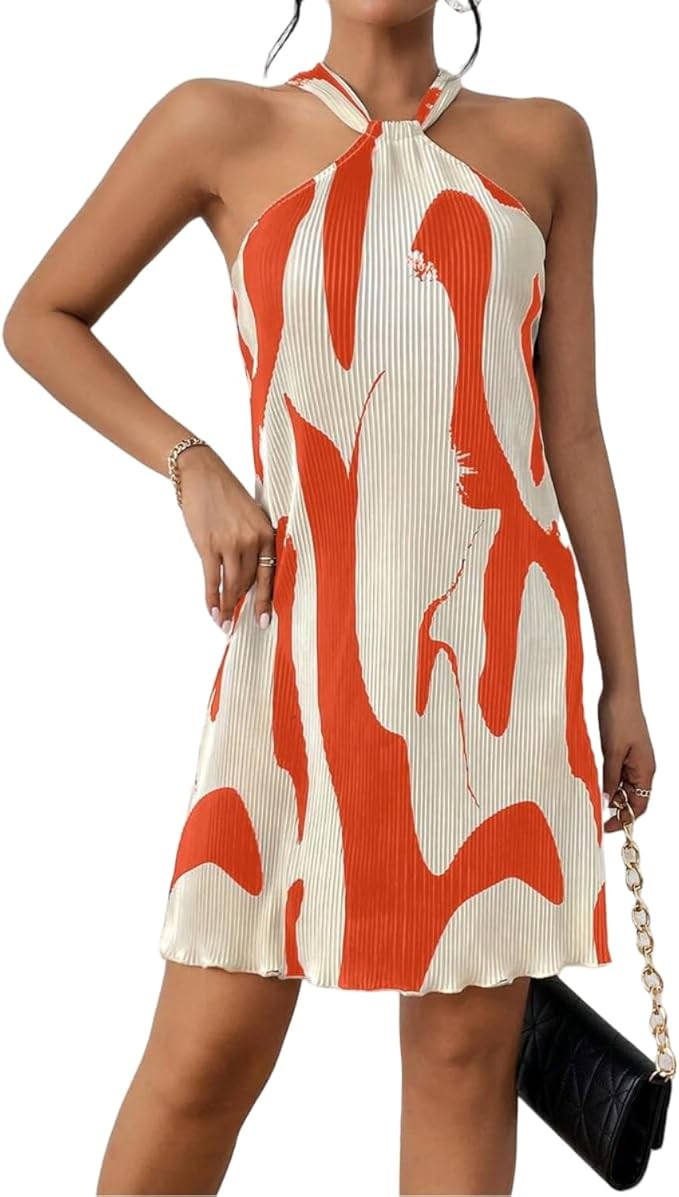 LIGHT DOT Women's Summer Dress Printed Halter Neck Mini Casual Pleated Sundress Party Date Outfit | Amazon (US)