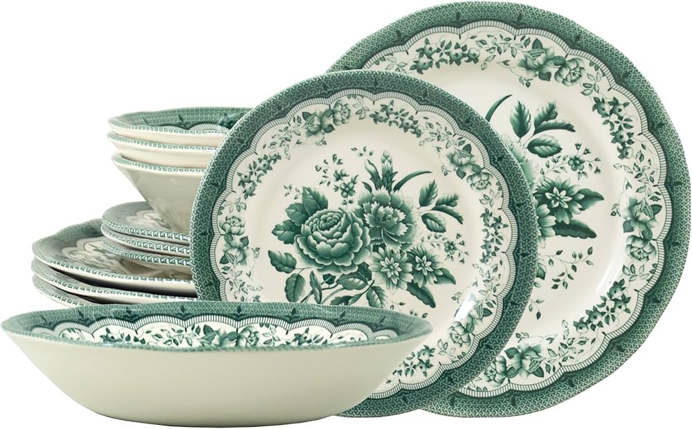 TUDOR ROYAL 12-Piece Porcelain Round Dinnerware Set, Service for 4, VICTORIA Green Design, Blue F... | Amazon (US)