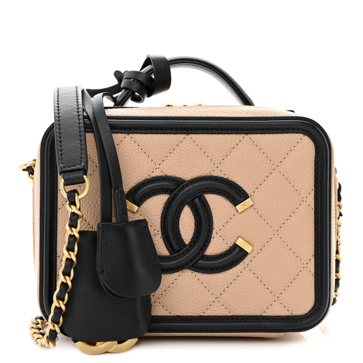 Caviar Quilted Small CC Filigree Vanity Case Beige Black | FASHIONPHILE (US)