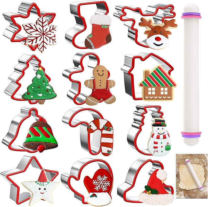 12 Pcs Christmas Cookie Cutters Set, Holiday Cookie Cutters Stainless Steel Cookie Cutters Christ... | Amazon (US)