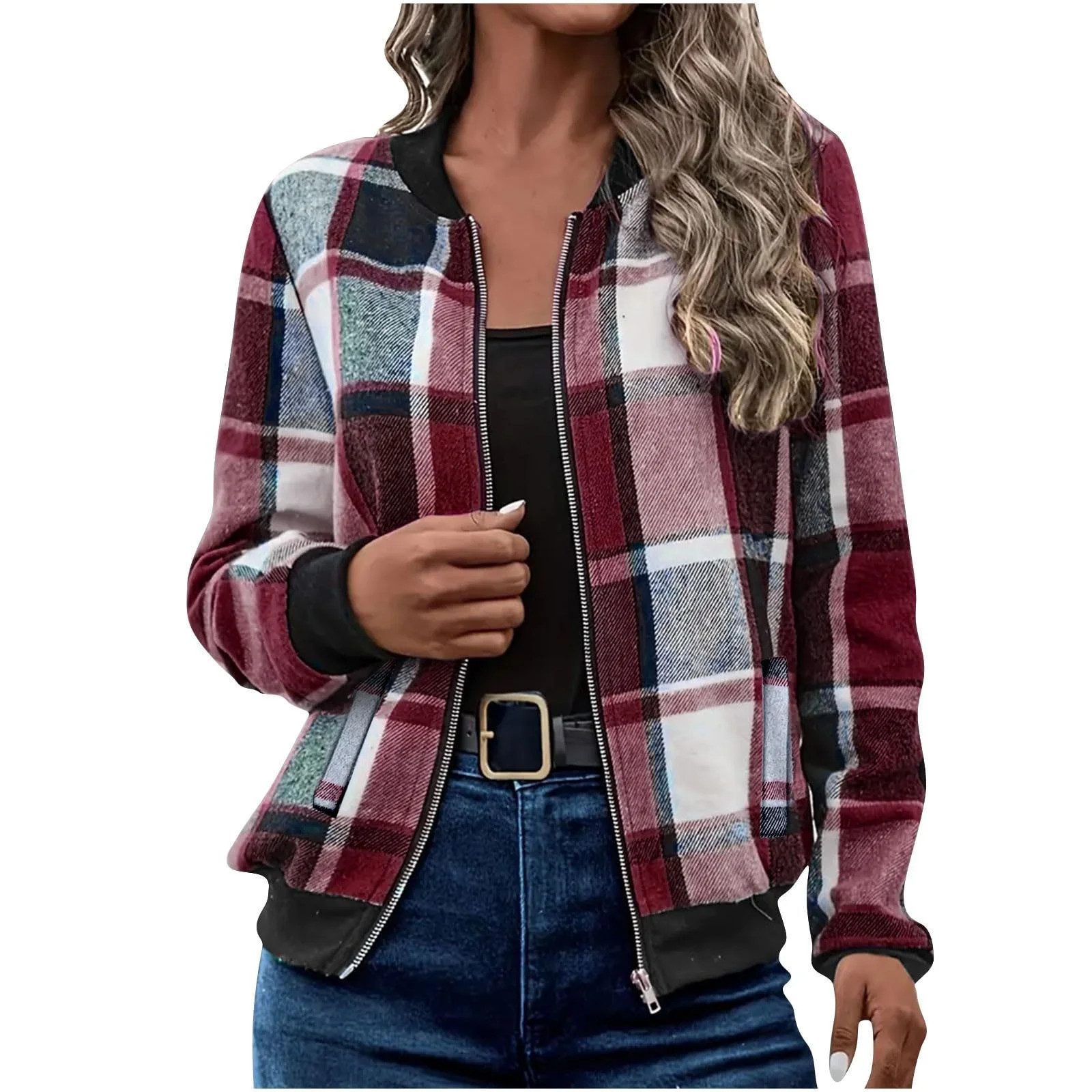 Comdrip Jackets for Women, Women Casual Zip Up Flannel Plaid Jackets Long Sleeve Baggy Outwear Co... | Walmart (US)