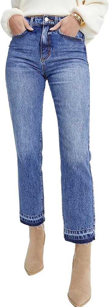 Astylish Womens Casual Straight Leg Ankle Jeans High Waisted Stretch Denim Pants Blue | Amazon (US)