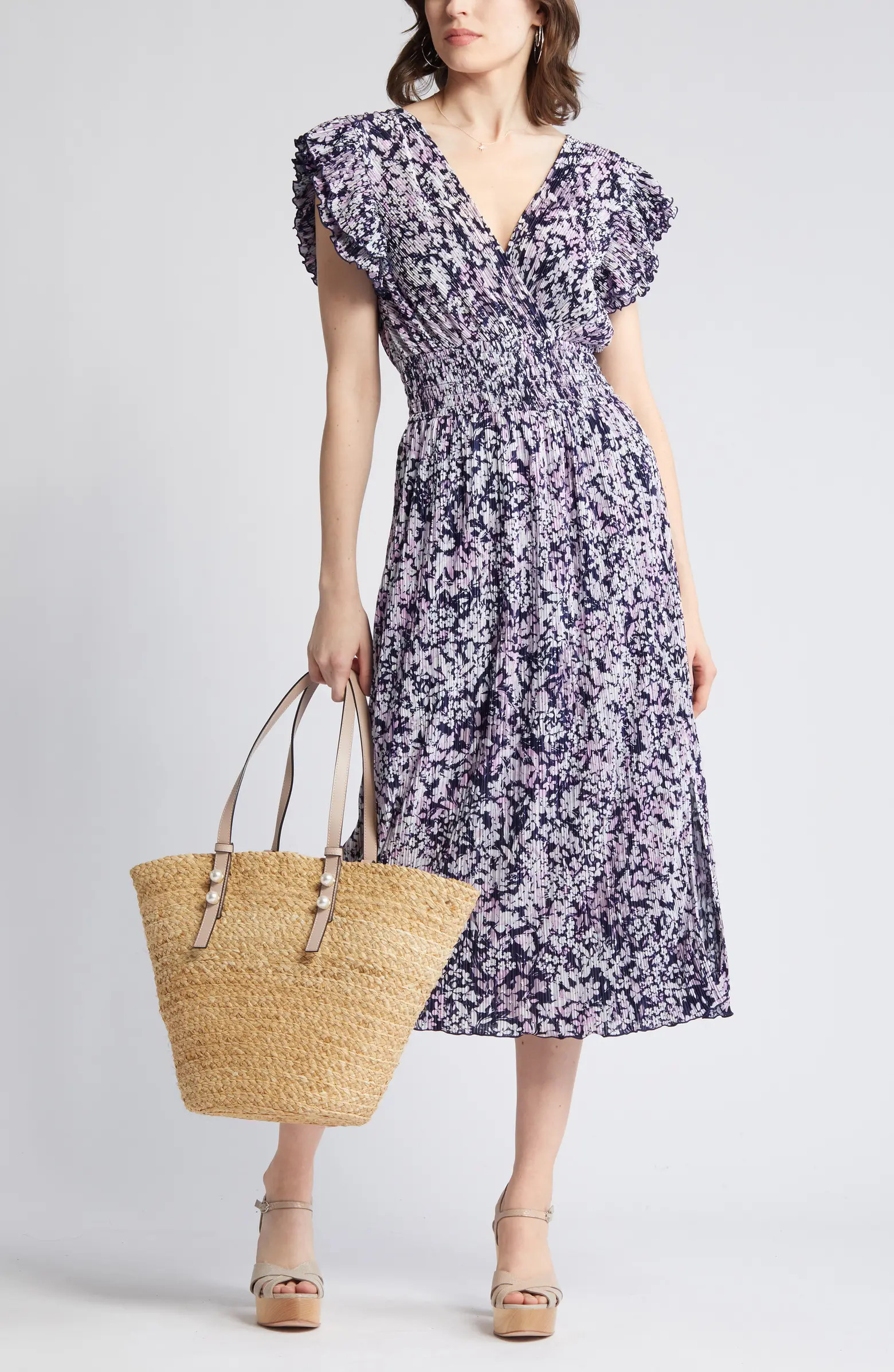 Flutter Sleeve Plissé Midi Dress | Nordstrom