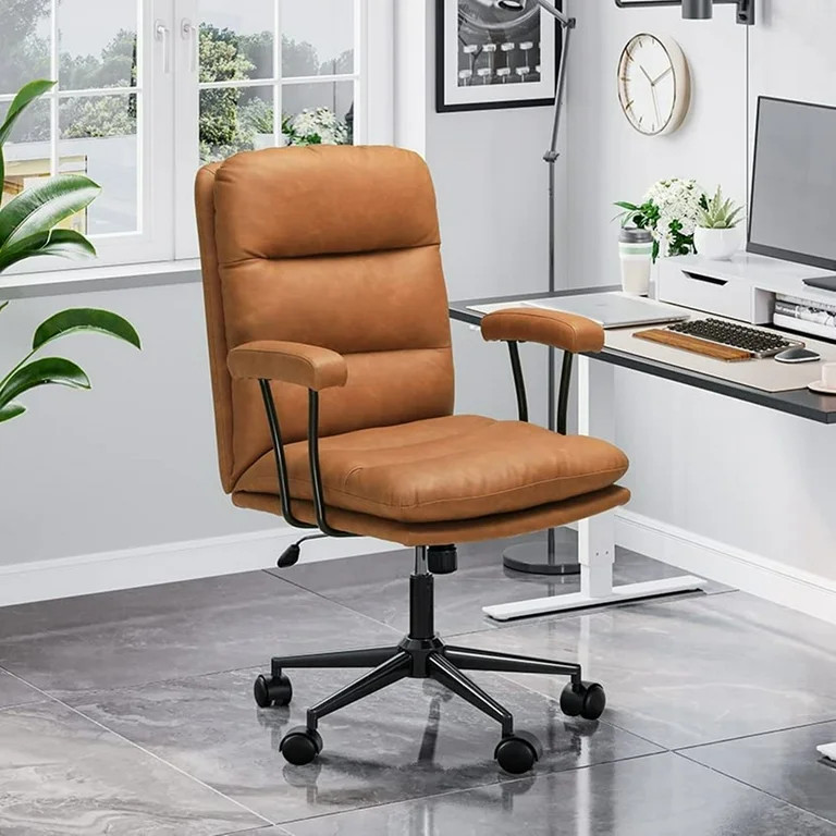 Leather Office Chair with Back&Arms, Brown Ergonomic Office Desk Chair, Adjustable Back 40°, Cap... | Walmart (US)