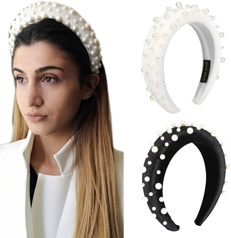 Velvet Padded Pearl Embellished Headband Large Padded Velvet Races Goth Wedding Headpiece for Wom... | Amazon (US)