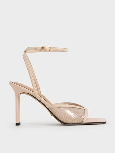 Nude Sequin Mesh & Leather Ankle-Strap Heeled Sandals | CHARLES & KEITH UK | Charles & Keith UK