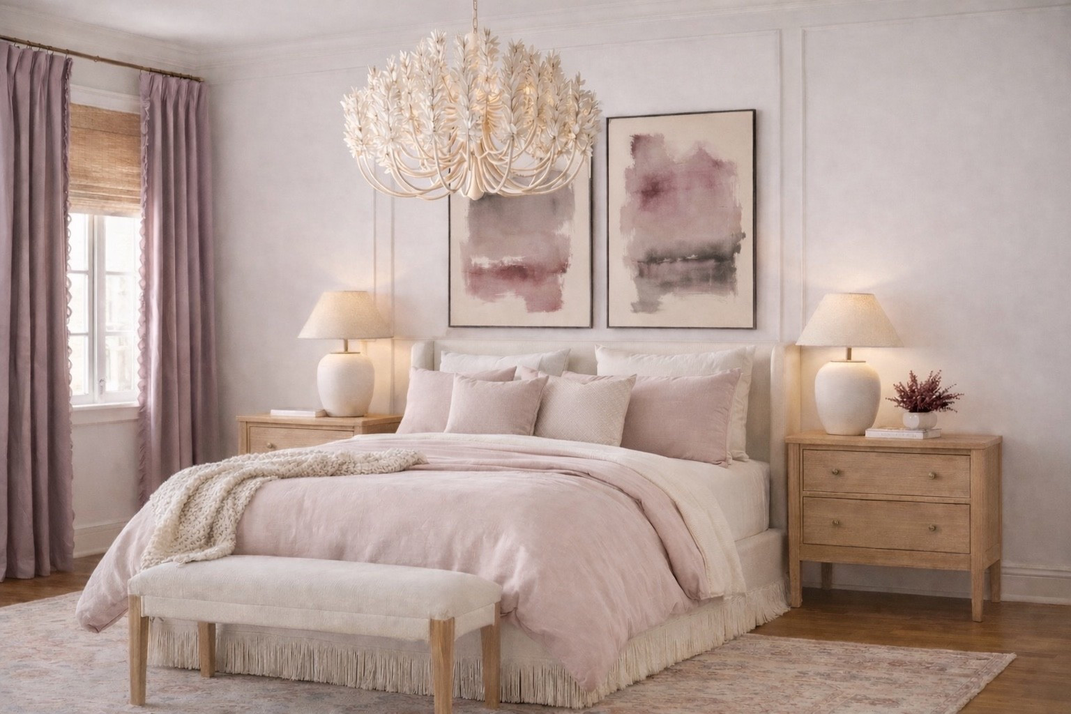 Blush tones will always have my heart 🤍
Soft, layered, and just enough color to keep a neutral room feeling warm and elevated. 

#LTKHome
Romantic bedroom, Anthropologie home, interior design 

#LTKHome