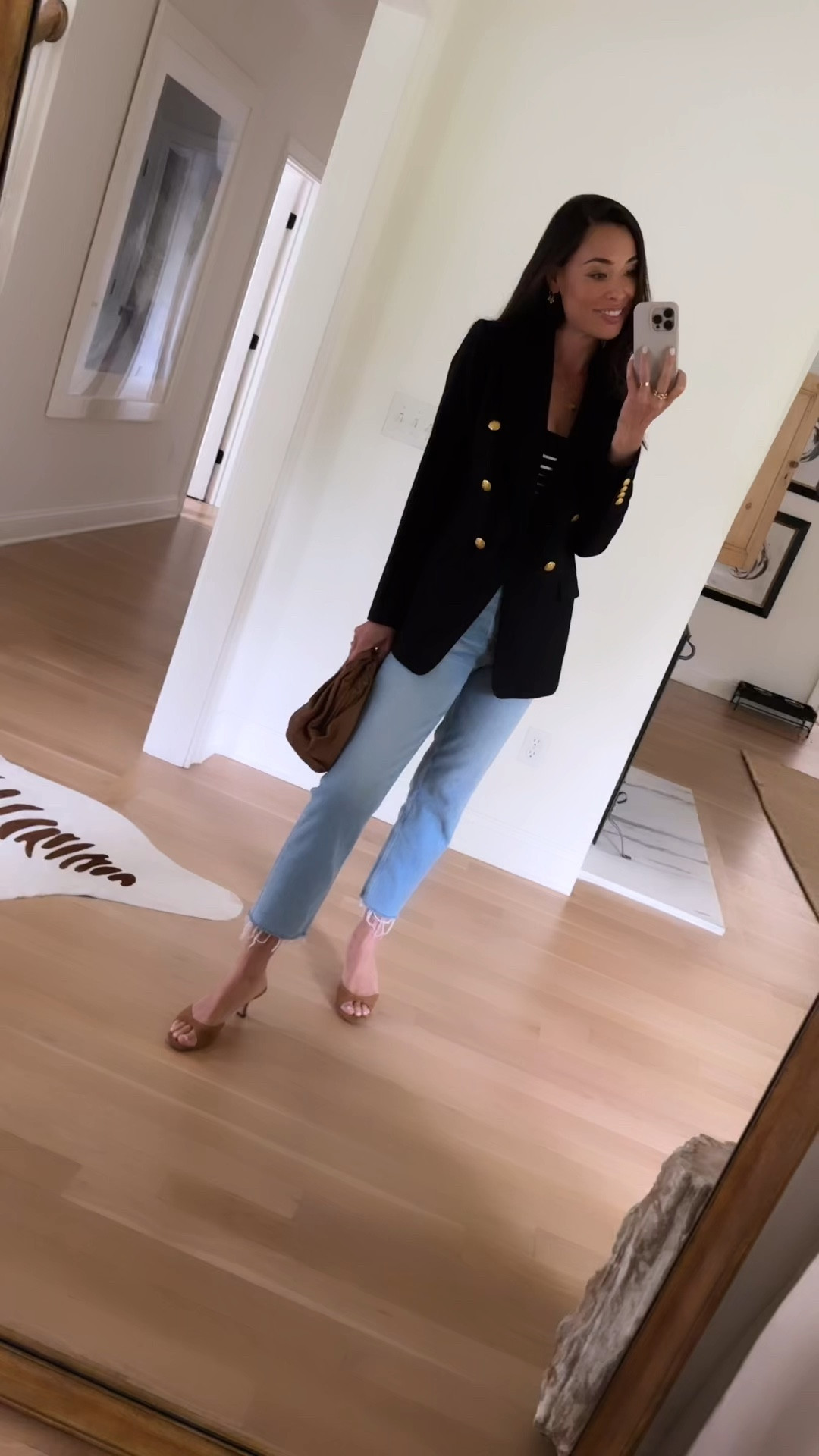 Blazer outfit, jeans, date night outfit, kitten heels, Bottega clutch, bodysuit. 

#LTKSeasonal #LTKItBag #LTKShoeCrush