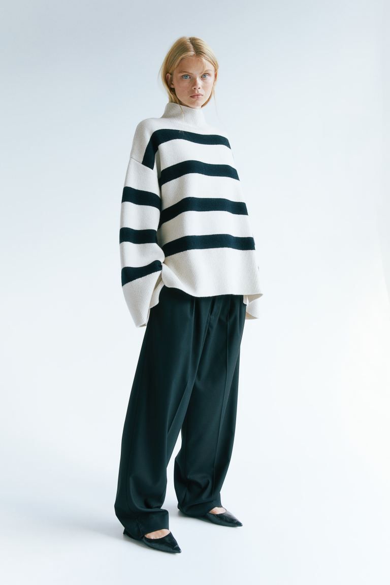 Oversized Mock-turtleneck Sweater - Natural white/striped - Ladies | H&M US | H&M (US)