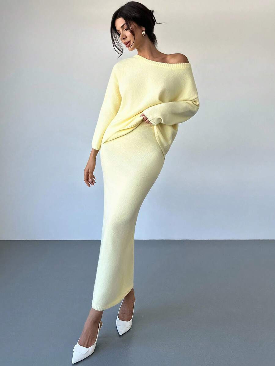 Firerie 2pcs Casual Elegant Cream Knit Sweater & High Waist Long Skirt Set, Suitable For Daily, C... | SHEIN