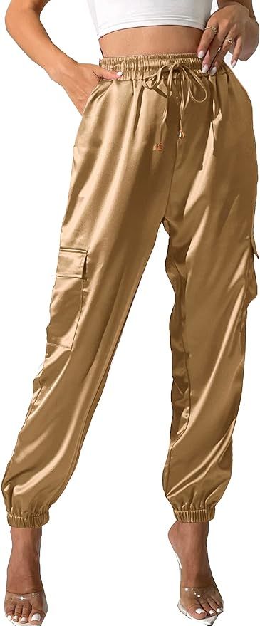 Women's Satin Cargo Joggers Pants Dressy Casual Silky Elastic High Waist Trousers | Amazon (US)