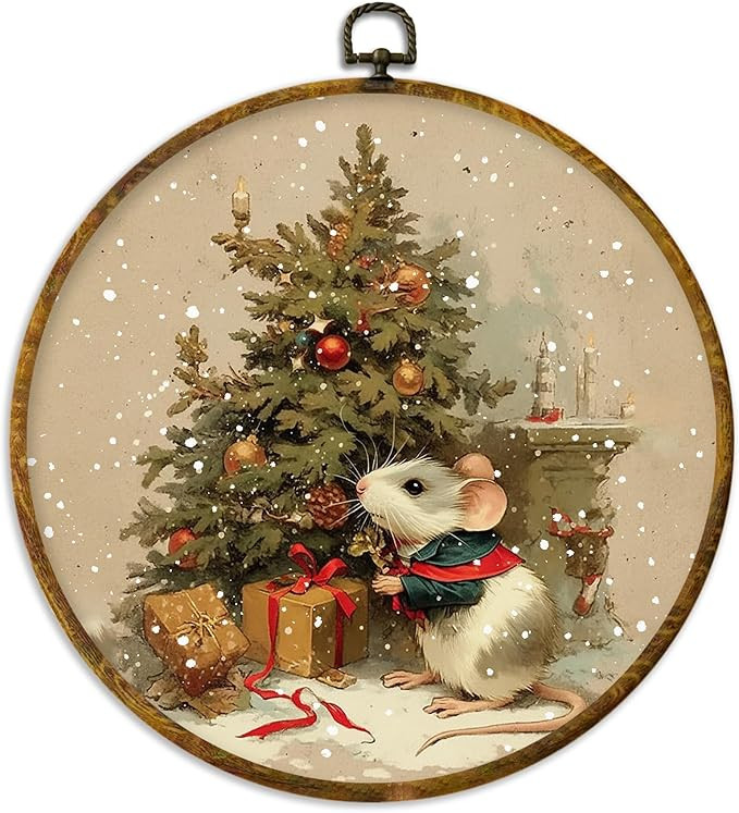 XPH Vintage Christmas Mouse Round Wall Art Framed, Retro Christmas Tree Rat Circle Wall Decor, Co... | Amazon (US)