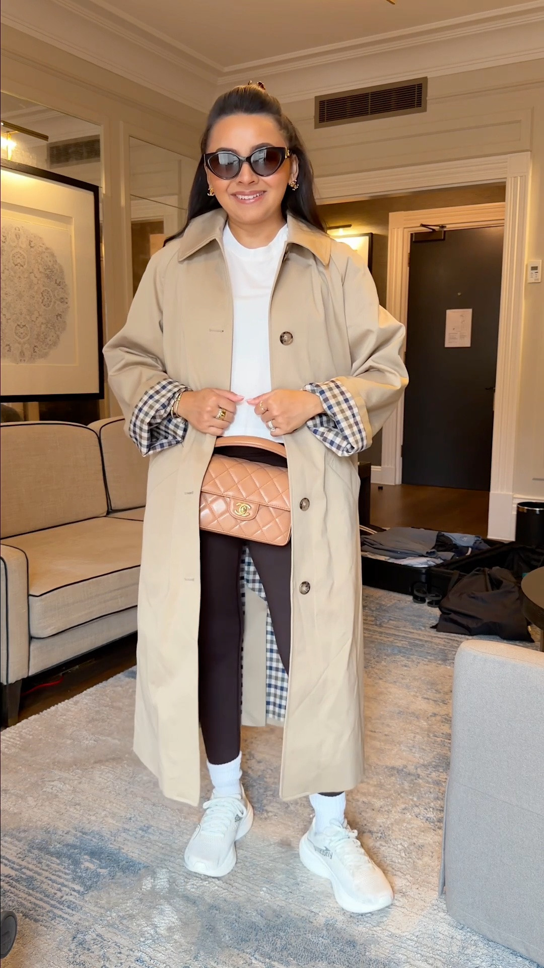 Light beige trench coat size 0 TTS
White tee size xs TTS
Brown sports bra size xs TTS 
Brown leggings size medium short - usually size 2
Sneakers size 6.5

#LTKootd #LTKPetite #LTKTravel