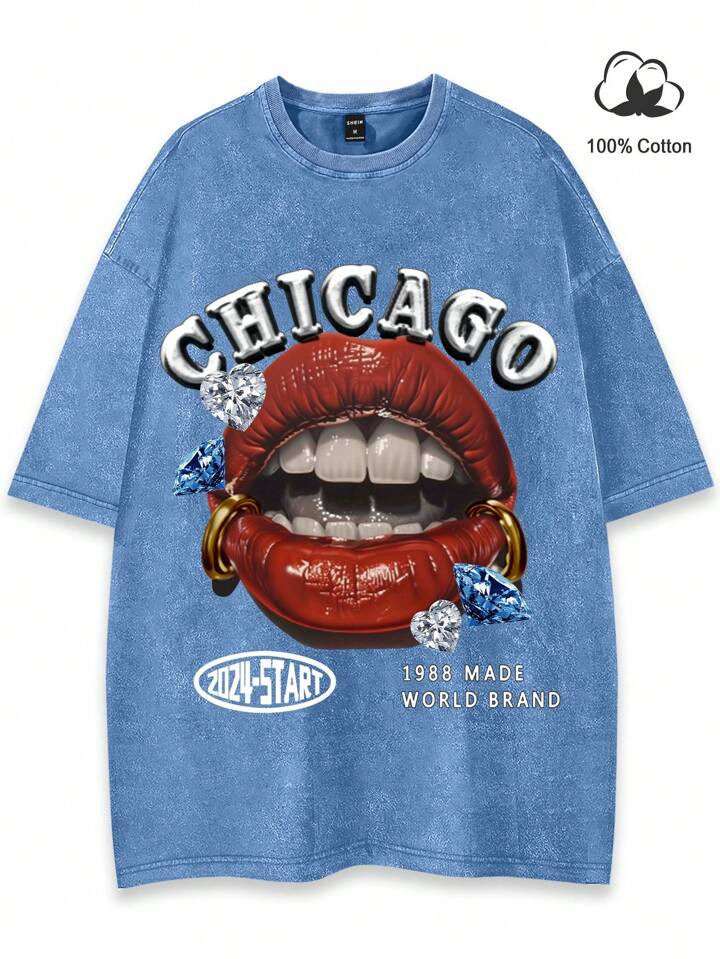 Manfinity EMRG Loose Men Slogan & Lips Print Drop Shoulder Tee | SHEIN