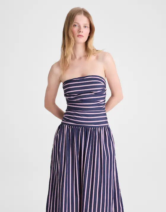 Strapless Ruched Midi Dress in Poplin | Madewell