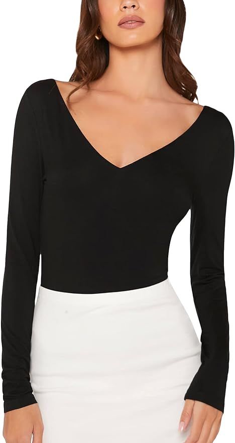 Verdusa Women's Basic V Neck Long Sleeve Slim Fitted Tee T Shirt Top | Amazon (US)