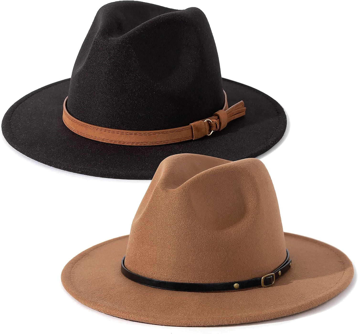 2 Pack Women Men Classic Wide Brim Belt Buckle Fedora Hat | Amazon (US)