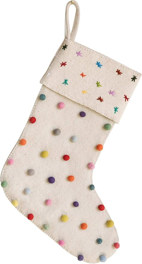 Creative Co-Op Cream Wool Felt Stocking with Pom Poms | Amazon (US)