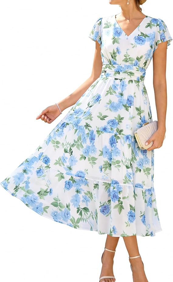 GRACE KARIN 2026 Women Summer Dress,Maxi Short Sleeve Floral Dresses,Semi Formal Flowy Wedding Gu... | Amazon (US)