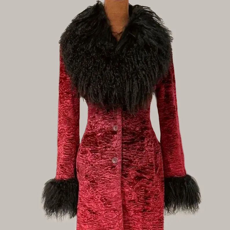 Deep Red Lush Velvet Penny Lane Duster Coat W/ Black Luxe Mongolian Fur Trim - Etsy | Etsy (US)