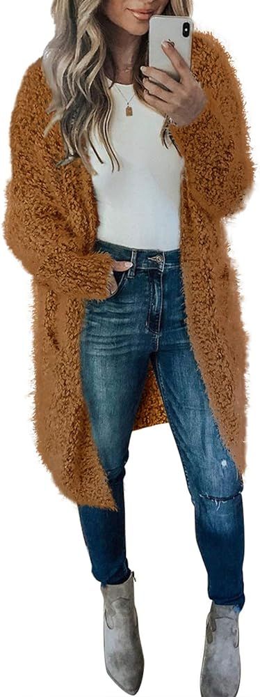 Womens Soft Open Front Fuzzy Cardigans Oversized Loose Fit Popcorn Long Sweater Coat Outwear with... | Amazon (US)