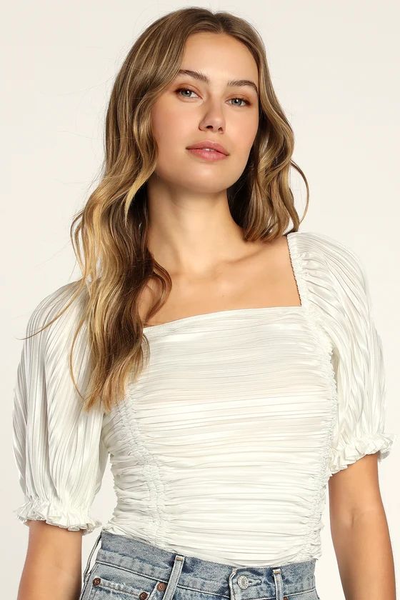 Stunning Look White Pleated Short Sleeve Ruched Bodysuit | Lulus (US)