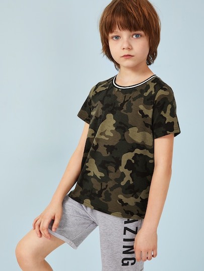 SHEIN Boys Striped Neckline Camo Print Tee | SHEIN