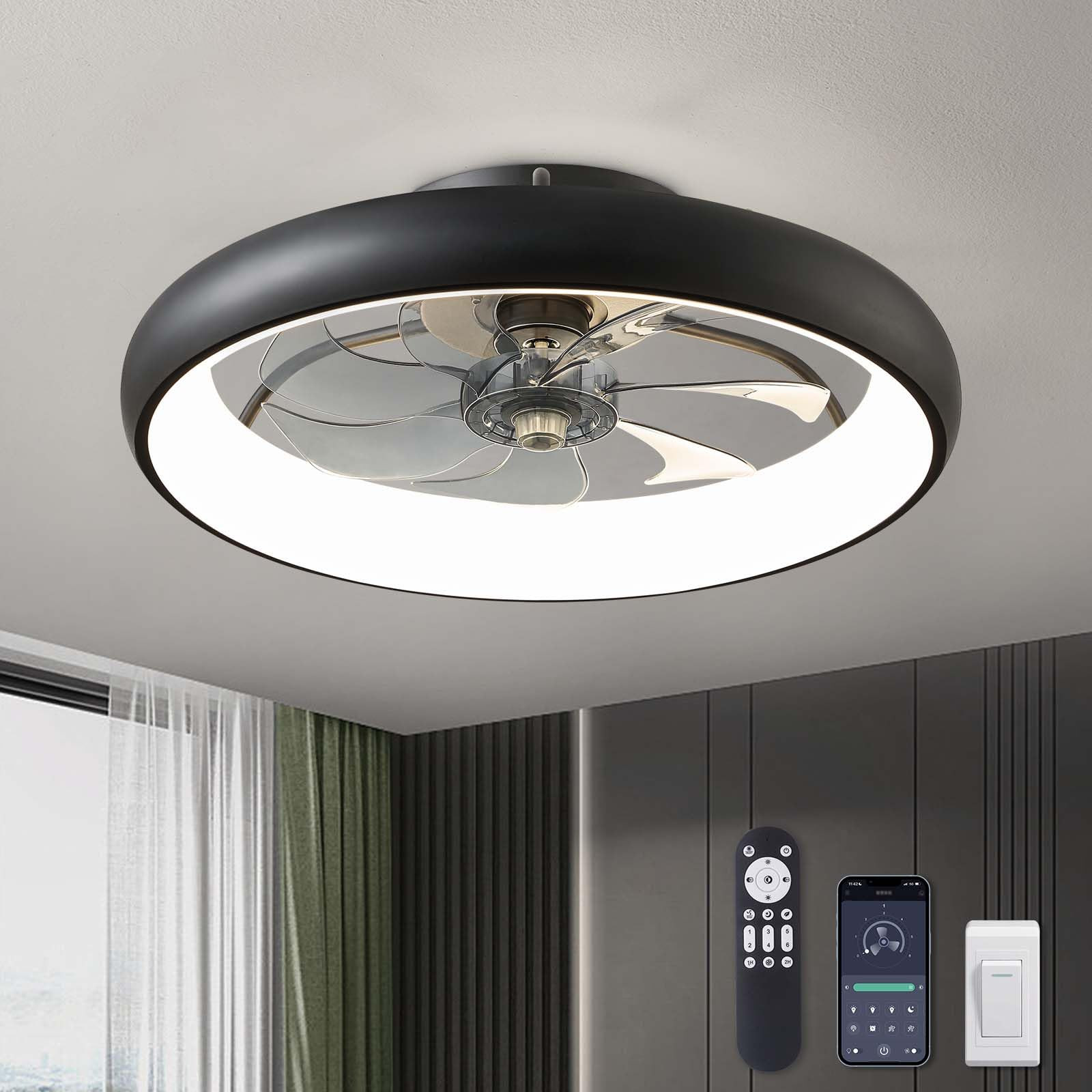 Ceiling Fans with Lights 20'' Flush Mount Fan Remote & APP Control Black Low Profile 6 Wind Speed... | Amazon (US)
