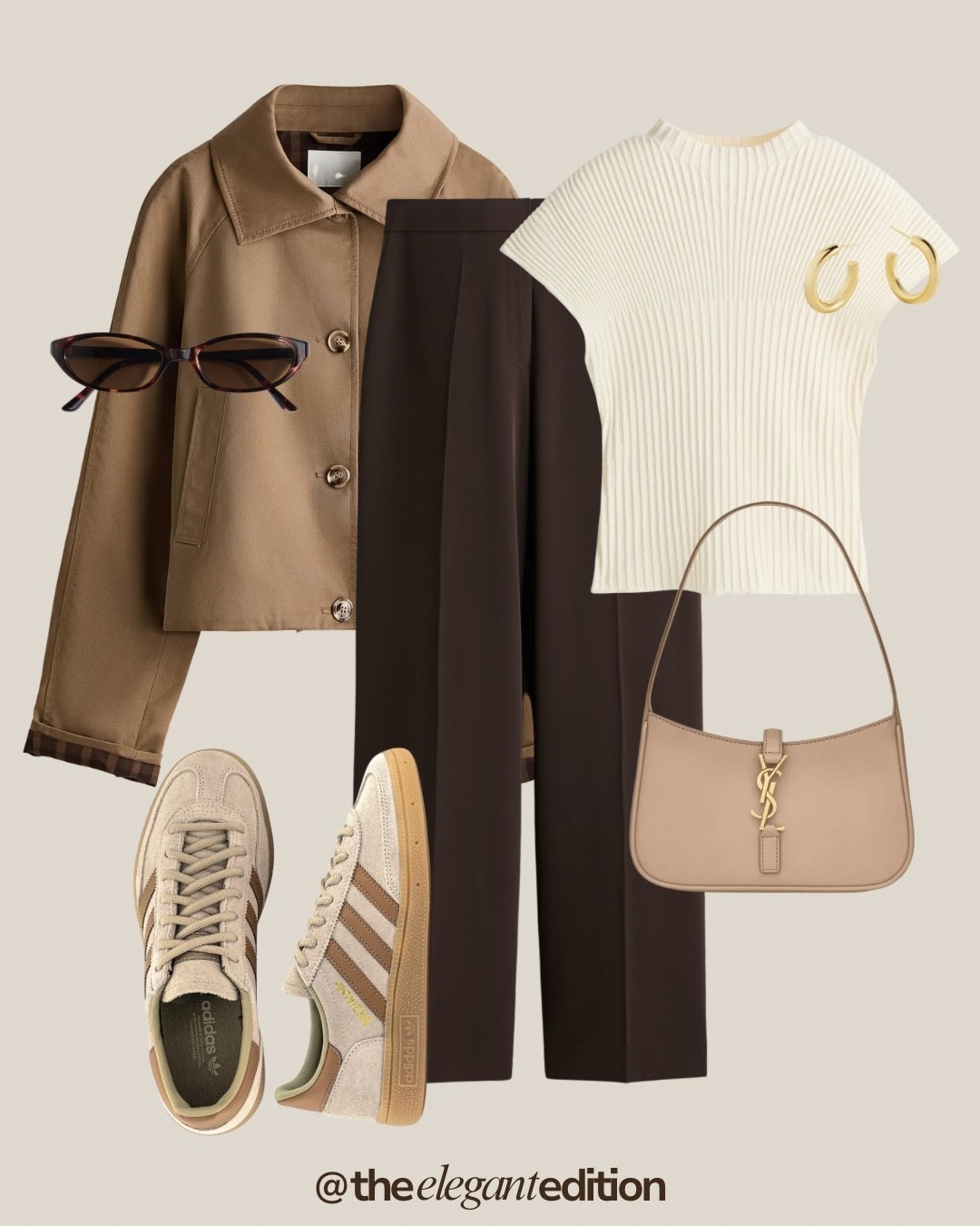 Adidas Spezial Spring Outfit 🤍🤎
Tags: chocolate brown trousers tailored wide leg camel jacket cropped oversized cream knit tee short sleeve ribbed Adidas Spezial sneakers beige brown gum sole beige YSL shoulder bag crossbody gold hardware sunglasses tortoise cat eye gold earrings chunky spring transitional casual chic sporty elegant
#LTKspring #LTKstyletip #LTKshoes

#LTKeurope #LTKstyletip #LTKspring