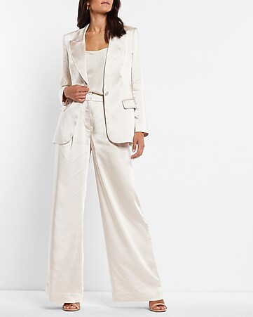 Satin Pleated Wide Leg Pant Suit | Express